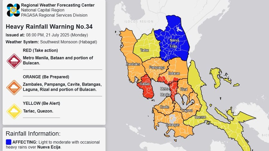 Red rainfall warning up over Metro Manila Bulacan and Bataan